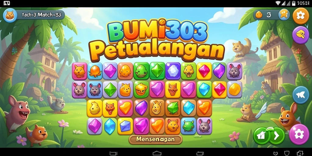 Screenshot BUMI303 menampilkan gameplay Match-3 yang seru dan penuh warna.