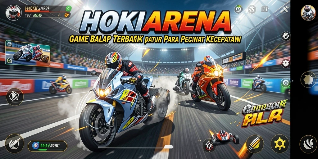 Screenshot HOKIARENA menampilkan balapan penuh adrenalin di trek yang menantang.