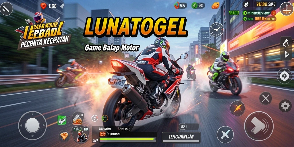 Gambaran gameplay seru di LUNATOGEL dengan balapan motor yang mendebarkan.