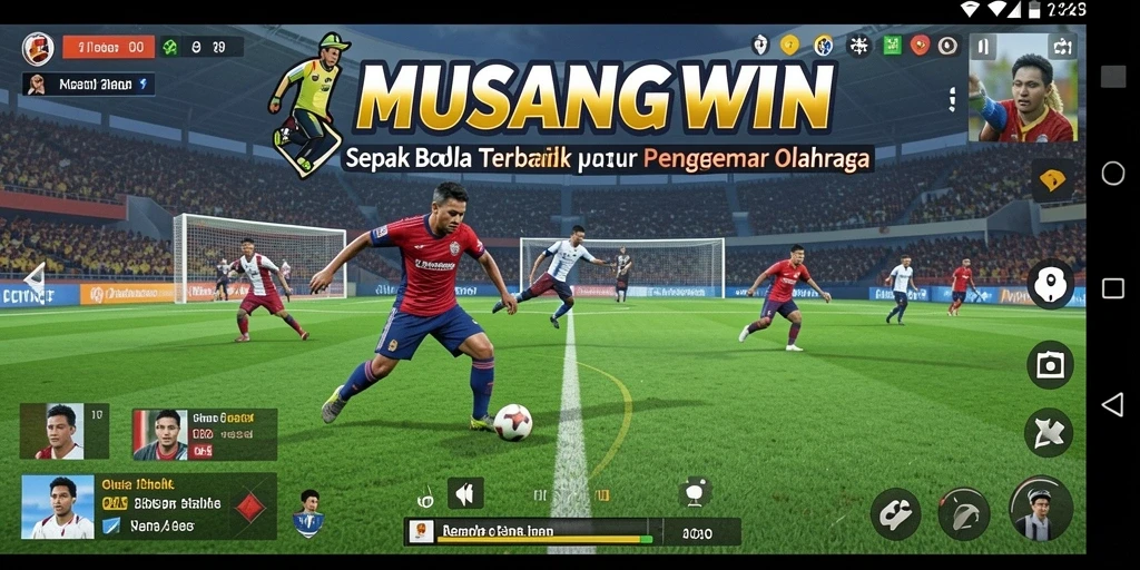 Tangkapan layar gameplay MUSANGWIN menampilkan aksi pertandingan sepak bola yang mendebarkan.