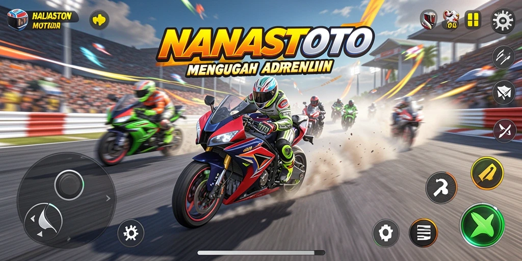 Screenshot NANASTOTO menampilkan aksi balapan motor yang mendebarkan.