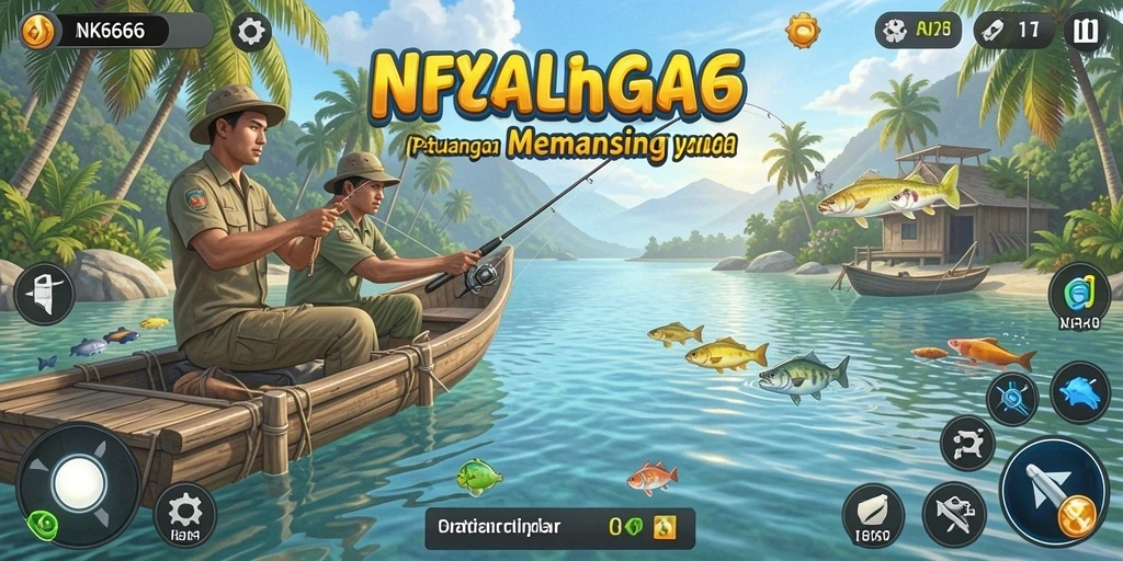 Screenshot gameplay NK666 menampilkan adegan memancing yang menggembirakan.