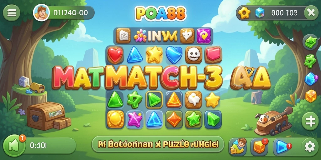 Screenshot gameplay menampilkan teka-teki Match-3 penuh warna.