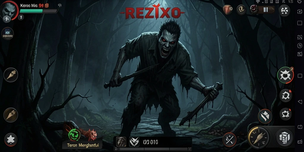 Tangkapan layar gameplay mencekam dari REZIXO menunjukkan suasana Horror yang intens.